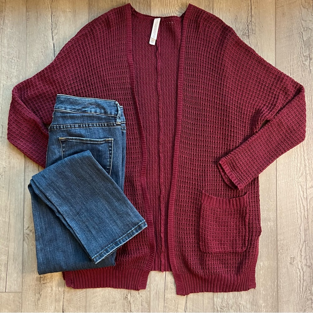 Aeropostale Oversized Open Front Burgundy Waffle Knit Cardigan Sweater | Size: M - Picture 12 of 12